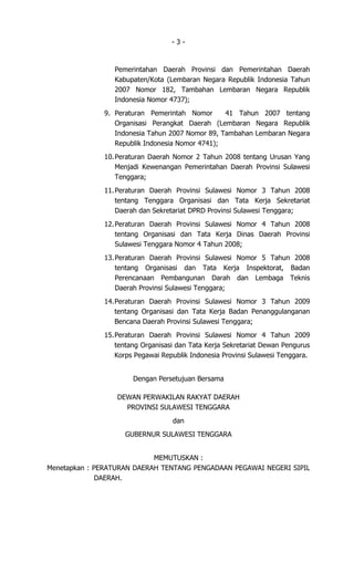 -3-


                 Pemerintahan Daerah Provinsi dan Pemerintahan Daerah
                 Kabupaten/Kota (Lembaran Negara Republik Indonesia Tahun
                 2007 Nomor 182, Tambahan Lembaran Negara Republik
                 Indonesia Nomor 4737);
              9. Peraturan Pemerintah Nomor      41 Tahun 2007 tentang
                 Organisasi Perangkat Daerah (Lembaran Negara Republik
                 Indonesia Tahun 2007 Nomor 89, Tambahan Lembaran Negara
                 Republik Indonesia Nomor 4741);
              10. Peraturan Daerah Nomor 2 Tahun 2008 tentang Urusan Yang
                  Menjadi Kewenangan Pemerintahan Daerah Provinsi Sulawesi
                  Tenggara;
              11. Peraturan Daerah Provinsi Sulawesi Nomor 3 Tahun 2008
                  tentang Tenggara Organisasi dan Tata Kerja Sekretariat
                  Daerah dan Sekretariat DPRD Provinsi Sulawesi Tenggara;
              12. Peraturan Daerah Provinsi Sulawesi Nomor 4 Tahun 2008
                  tentang Organisasi dan Tata Kerja Dinas Daerah Provinsi
                  Sulawesi Tenggara Nomor 4 Tahun 2008;
              13. Peraturan Daerah Provinsi Sulawesi Nomor 5 Tahun 2008
                  tentang Organisasi dan Tata Kerja Inspektorat, Badan
                  Perencanaan Pembangunan Darah dan Lembaga Teknis
                  Daerah Provinsi Sulawesi Tenggara;
              14. Peraturan Daerah Provinsi Sulawesi Nomor 3 Tahun 2009
                  tentang Organisasi dan Tata Kerja Badan Penanggulanganan
                  Bencana Daerah Provinsi Sulawesi Tenggara;
              15. Peraturan Daerah Provinsi Sulawesi Nomor 4 Tahun 2009
                  tentang Organisasi dan Tata Kerja Sekretariat Dewan Pengurus
                  Korps Pegawai Republik Indonesia Provinsi Sulawesi Tenggara.


                      Dengan Persetujuan Bersama

                  DEWAN PERWAKILAN RAKYAT DAERAH
                    PROVINSI SULAWESI TENGGARA
                                   dan
                    GUBERNUR SULAWESI TENGGARA


                            MEMUTUSKAN :
Menetapkan : PERATURAN DAERAH TENTANG PENGADAAN PEGAWAI NEGERI SIPIL
              DAERAH.
 