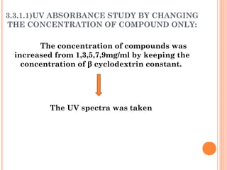 3.3.1.1)UV ABSORBANCE STUDY BY CHANGING
THE CONCENTRATION OF COMPOUND ONLY:
The concentration of compounds was
increased from 1,3,5,7,9mg/ml by keeping the
concentration of β cyclodextrin constant.
The UV spectra was taken
 