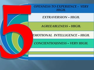 OPENNESS TO EXPERIENCE - VERY
HIGH.
EXTRAVERSION – HIGH.
AGREEABLENESS – HIGH.
EMOTIONAL INTELLIGENCE – HIGH.

CONCIENTIOUSNESS – VERY HIGH.

 