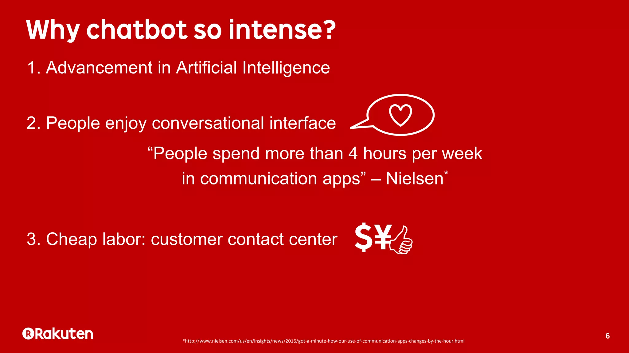 6
1. Advancement in Artificial Intelligence
2. People enjoy conversational interface
“People spend more than 4 hours per week
in communication apps” – Nielsen*
3. Cheap labor: customer contact center
*http://www.nielsen.com/us/en/insights/news/2016/got-a-minute-how-our-use-of-communication-apps-changes-by-the-hour.html
 