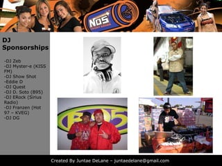 DJ
Sponsorships

-DJ Zeb
-DJ Myster-e (KISS
FM)
-DJ Show Shot
-Eddie D
-DJ Quest
-DJ D. Soto (B95)
-DJ ERock (Sirius
Radio)
-DJ Franzen (Hot
97 – KVEG)
-DJ DG
 DJ




                     Created By Juntae DeLane – juntaedelane@gmail.com
 