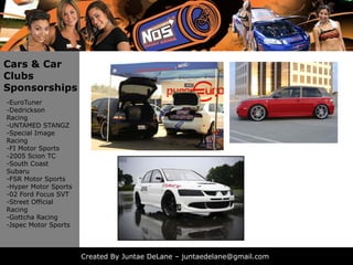 Cars & Car
Clubs
Sponsorships
-EuroTuner
-Dedrickson
Racing
-UNTAMED STANGZ
-Special Image
Racing
            p
-FI Motor Sports
-2005 Scion TC
-South Coast
Subaru
-FSR Motor Sports
-Hyper Motor Sports
   yp            p
-02 Ford Focus SVT
-Street Official
Racing
-Gottcha Racing
-Jspec Motor Sports
 Jspec



                      Created By Juntae DeLane – juntaedelane@gmail.com
 