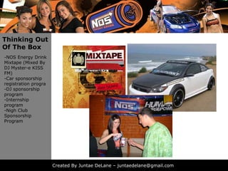 Thinking Out
Of The Box
-NOS Energy Drink
Mixtape (Mixed By
DJ Myster-e KISS
FM)
-Car sponsorship
registration progra
-DJ sponsorship
program
-Internship
program
-Nigh Club
Sponsorship
Program




                      Created By Juntae DeLane – juntaedelane@gmail.com
 