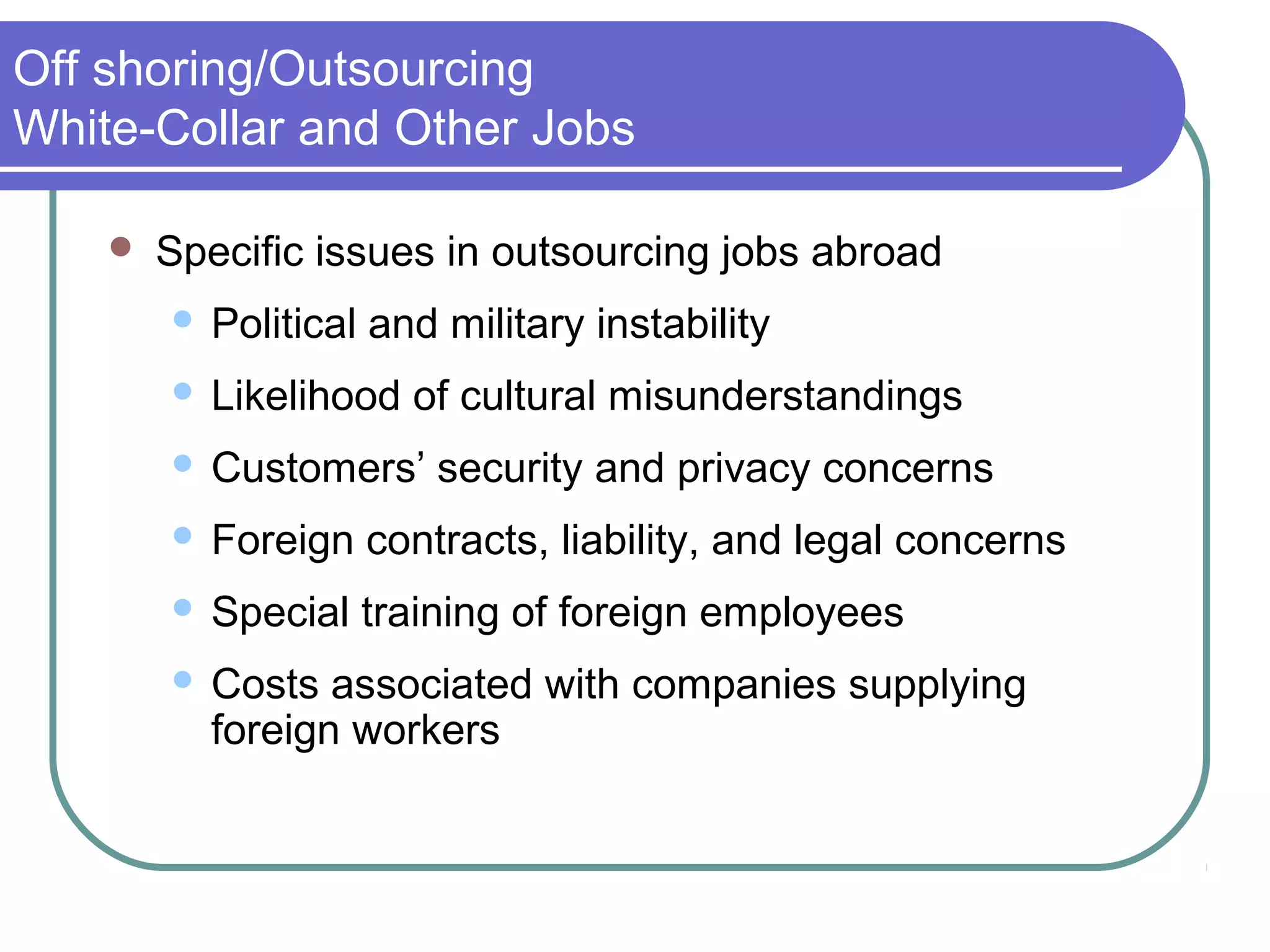 Off shoring/Outsourcing
White-Collar and Other Jobs
 Specific issues in outsourcing jobs abroad
 Political and military instability
 Likelihood of cultural misunderstandings
 Customers’ security and privacy concerns
 Foreign contracts, liability, and legal concerns
 Special training of foreign employees
 Costs associated with companies supplying
foreign workers
 