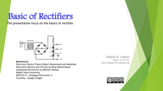 Basic of Rectifiers
Rajesh B. Lohani
Dept. of E & TC
Goa College of Engineering
1
References
Electronic Device Theory Robert Boylestead and Nashelsky
Electronic Devices and Circuits by Allan Mottershead
Integrated Electronics by Millman Halkias
Weber State University.
EMT212/4 – Analogue Electronic II
Courtesy : Google images
The presentation focus on the basics of rectifier.
 