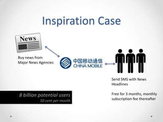 Buy news from
Major News Agencies
Send SMS with News
Headlines
Free for 3 months, monthly
subscription fee thereafter
8 billion potential users
50 cent per month
Inspiration Case
 