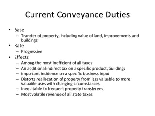 Current Conveyance Duties 
• Base 
– Transfer of property, including value of land, improvements and 
buildings 
• Rate 
– Progressive 
• Effects 
– Among the most inefficient of all taxes 
– An additional indirect tax on a specific product, buildings 
– Important incidence on a specific business input 
– Distorts reallocation of property from less valuable to more 
valuable uses with changing circumstances 
– Inequitable to frequent property transferees 
– Most volatile revenue of all state taxes 
 