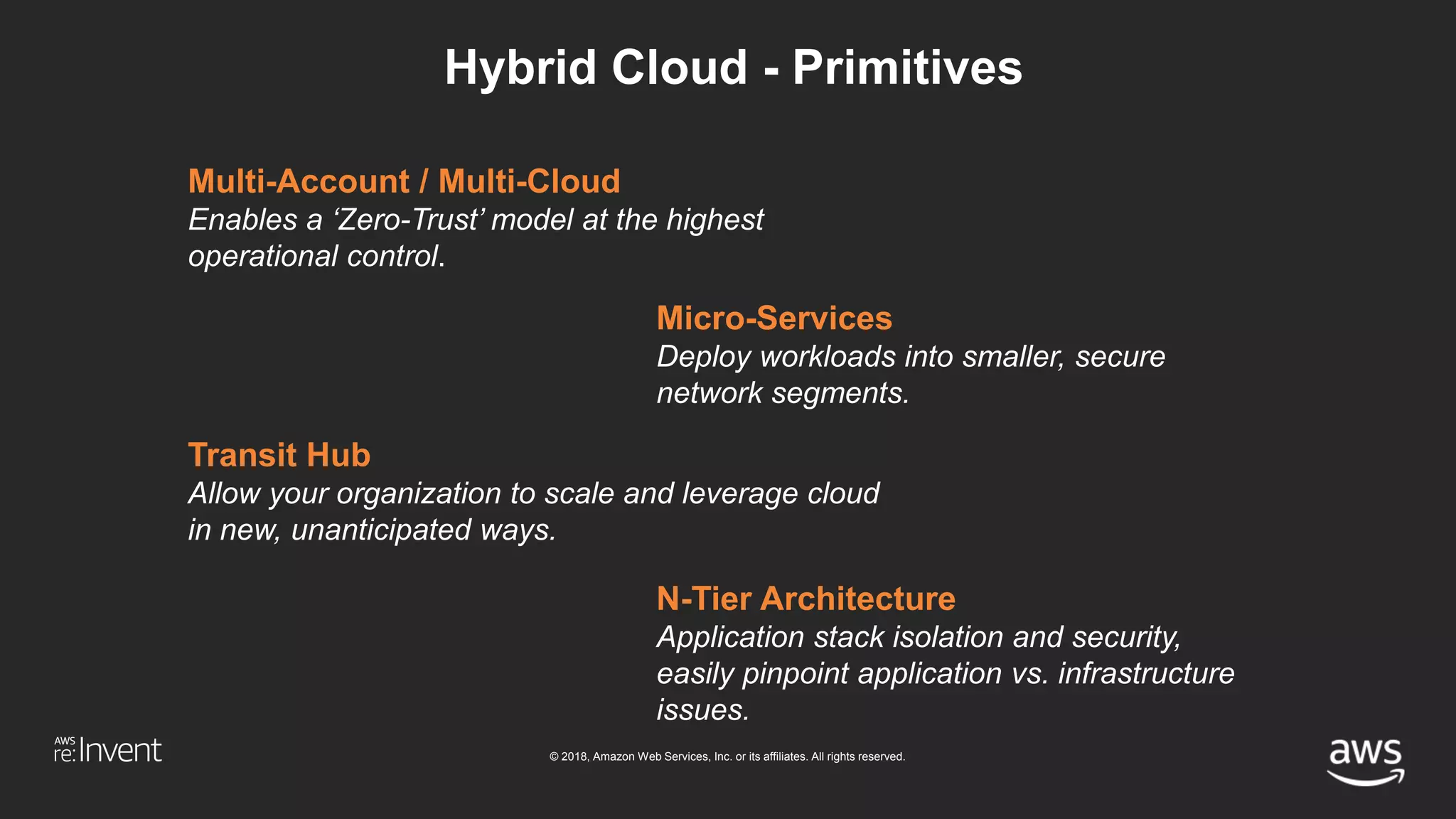 © 2018, Amazon Web Services, Inc. or its affiliates. All rights reserved.
Hybrid Cloud - Primitives
Multi-Account / Multi-Cloud
Enables a ‘Zero-Trust’ model at the highest
operational control.
Micro-Services
Deploy workloads into smaller, secure
network segments.
Transit Hub
Allow your organization to scale and leverage cloud
in new, unanticipated ways.
N-Tier Architecture
Application stack isolation and security,
easily pinpoint application vs. infrastructure
issues.
 