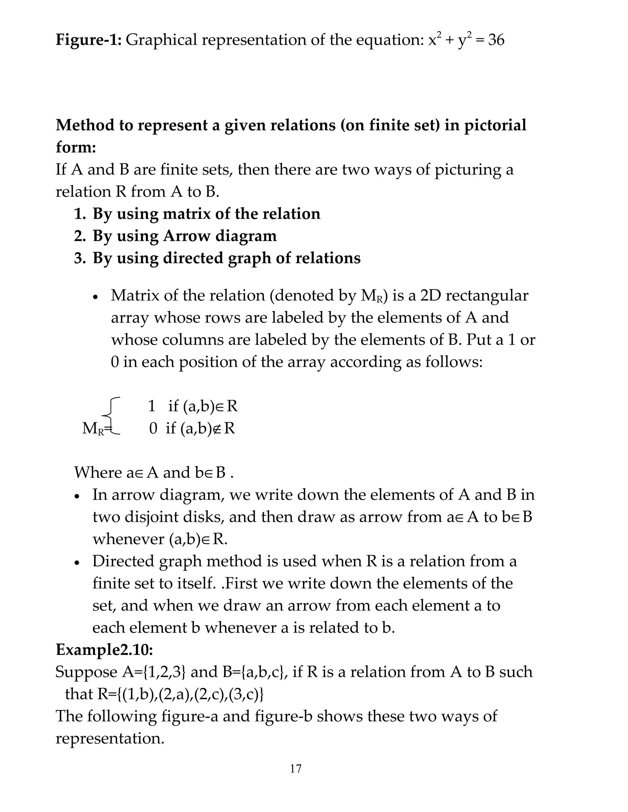 Figure-1: Graphical representation of the equation: x2 + y2 = 36




Method to represent a given relations (on finite set) in pictorial
form:
If A and B are finite sets, then there are two ways of picturing a
relation R from A to B.
   1. By using matrix of the relation
   2. By using Arrow diagram
   3. By using directed graph of relations

     •   Matrix of the relation (denoted by MR) is a 2D rectangular
         array whose rows are labeled by the elements of A and
         whose columns are labeled by the elements of B. Put a 1 or
         0 in each position of the array according as follows:

              1 if (a,b)∈R
   MR=        0 if (a,b)∉R

  Where a∈A and b∈B .
  • In arrow diagram, we write down the elements of A and B in
     two disjoint disks, and then draw as arrow from a∈A to b∈B
     whenever (a,b)∈R.
  • Directed graph method is used when R is a relation from a
     finite set to itself. .First we write down the elements of the
     set, and when we draw an arrow from each element a to
     each element b whenever a is related to b.
Example2.10:
Suppose A={1,2,3} and B={a,b,c}, if R is a relation from A to B such
 that R={(1,b),(2,a),(2,c),(3,c)}
The following figure-a and figure-b shows these two ways of
representation.
                                 17
 