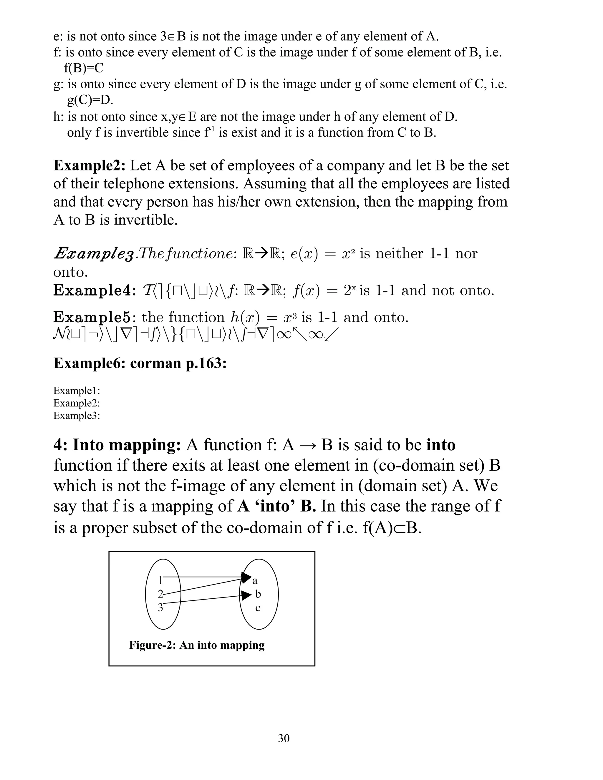 e: is not onto since 3∈B is not the image under e of any element of A.
f: is onto since every element of C is the image under f of some element of B, i.e.
   f(B)=C
g: is onto since every element of D is the image under g of some element of C, i.e.
    g(C)=D.
h: is not onto since x,y∈E are not the image under h of any element of D.
    only f is invertible since f-1 is exist and it is a function from C to B.

Example2: Let A be set of employees of a company and let B be the set
of their telephone extensions. Assuming that all the employees are listed
and that every person has his/her own extension, then the mapping from
A to B is invertible.

Example3:Thefunctione: RR; e(x) = x2 is neither 1-1 nor
onto.
Example4: Thefunctionf: RR; f(x) = 2x is 1-1 and not onto.
Example5: the function h(x) = x3 is 1-1 and onto.
Note:increasingfunctionsare1-1.
Example6: corman p.163:
Example1:
Example2:
Example3:

4: Into mapping: A function f: A → B is said to be into
function if there exits at least one element in (co-domain set) B
which is not the f-image of any element in (domain set) A. We
say that f is a mapping of A ‘into’ B. In this case the range of f
is a proper subset of the co-domain of f i.e. f(A)⊂B.

                   1                a
                   2                 b
                   3                 c


             Figure-2: An into mapping




                                         30
 