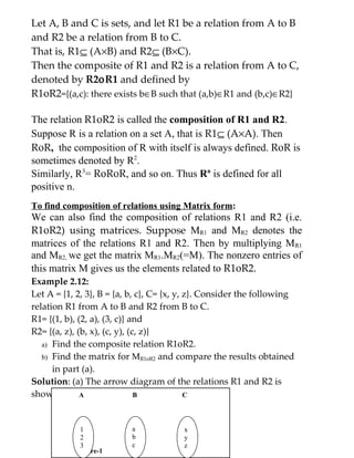 Let A, B and C is sets, and let R1 be a relation from A to B
and R2 be a relation from B to C.
That is, R1⊆ (A×B) and R2⊆ (B×C).
Then the composite of R1 and R2 is a relation from A to C,
denoted by R2οR1 and defined by
R1οR2={(a,c): there exists b∈B such that (a,b)∈R1 and (b,c)∈R2}

The relation R1οR2 is called the composition of R1 and R2.
Suppose R is a relation on a set A, that is R1⊆ (A×A). Then
RοR, the composition of R with itself is always defined. RοR is
sometimes denoted by R2.
Similarly, R3= RοRοR, and so on. Thus Rn is defined for all
positive n.
To find composition of relations using Matrix form:
We can also find the composition of relations R1 and R2 (i.e.
R1οR2) using matrices. Suppose MR1 and MR2 denotes the
matrices of the relations R1 and R2. Then by multiplying MR1
and MR2, we get the matrix MR1.MR2(=M). The nonzero entries of
this matrix M gives us the elements related to R1οR2.
Example 2.12:
Let A = {1, 2, 3}, B = {a, b, c}, C= {x, y, z}. Consider the following
relation R1 from A to B and R2 from B to C.
R1= {(1, b), (2, a), (3, c)} and
R2= {(a, z), (b, x), (c, y), (c, z)}
   a) Find the composite relation R1οR2.
   b) Find the matrix for MR1οR2 and compare the results obtained
      in part (a).
Solution: (a) The arrow diagram of the relations R1 and R2 is
shown in figure-1.
              A                B            C



             1            a             x
                          b        14
             2                          y
             3            c             z
            Figure-1
 