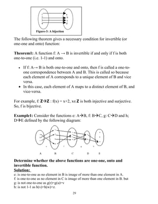 1                   a
                   2                    b
                   3                    c
                   4                   d


               Figure-3: A bijection

The following theorem gives a necessary condition for invertible (or
one-one and onto) function:

Theorem1: A function f: A → B is invertible if and only if f is both
one-to-one (i.e. 1-1) and onto.

   • If f: A→ B is both one-to-one and onto, then f is called a one-to-
     one correspondence between A and B. This is called so because
     each element of A corresponds to a unique element of B and vice
     versa.
   • In this case, each element of A maps to a distinct element of B, and
     vice-versa.

For example, f: ZZ : f(x) = x+2, x∈Z is both injective and surjective.
So, f is bijective.

Example1: Consider the functions e: AB, f: BC, g: CD and h;
DE defined by the following diagram:




Determine whether the above functions are one-one, onto and
invertible function.
Solution:
e: is one-to-one as no element in B is image of more than one element in A.
f: is one-to-one as no element in C is image of more than one element in B. but
g: is not one-to-one as g(r)=g(u)=v
h: is not 1-1 as h(v)=h(w)=z.
                                            29
 