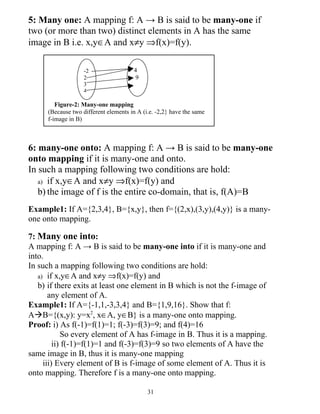 5: Many one: A mapping f: A → B is said to be many-one if
two (or more than two) distinct elements in A has the same
image in B i.e. x,y∈A and x≠y ⇒f(x)=f(y).

                    -2                  4
                    2                    9
                    3
                    4                   16

         Figure-2: Many-one mapping
      (Because two different elements in A (i.e. -2,2} have the same
      f-image in B)



6: many-one onto: A mapping f: A → B is said to be many-one
onto mapping if it is many-one and onto.
In such a mapping following two conditions are hold:
   a) if x,y∈A and x≠y ⇒f(x)=f(y) and
   b) the image of f is the entire co-domain, that is, f(A)=B
Example1: If A={2,3,4}, B={x,y}, then f={(2,x),(3,y),(4,y)} is a many-
one onto mapping.

7: Many one into:
A mapping f: A → B is said to be many-one into if it is many-one and
into.
In such a mapping following two conditions are hold:
   a) if x,y∈A and x≠y ⇒f(x)=f(y) and
   b) if there exits at least one element in B which is not the f-image of
       any element of A.
Example1: If A={-1,1,-3,3,4} and B={1,9,16}. Show that f:
AB={(x,y): y=x2, x∈A, y∈B} is a many-one onto mapping.
Proof: i) As f(-1)=f(1)=1; f(-3)=f(3)=9; and f(4)=16
            So every element of A has f-image in B. Thus it is a mapping.
         ii) f(-1)=f(1)=1 and f(-3)=f(3)=9 so two elements of A have the
same image in B, thus it is many-one mapping
     iii) Every element of B is f-image of some element of A. Thus it is
onto mapping. Therefore f is a many-one onto mapping.

                                             31
 