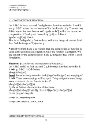 Example1(P-68,69)-book
Example2: (p3.23)(SS)
Check your progress-4:



1.11COMPOSITION OF FUNCTION

Let A,B,C be three sets and f and g be two functions such that f: AB
and g: BC; where the co-domain of f is the domain of g. Then we may
define a new function from A to C [(gof): AC], called the product or
composition of f and g and denoted by (gof), as follows:
 (gof)(x)=g[f(x)], ∀x∈A
That is, to find (gof)(x), first we have to find the image of x under f and
then find the image of f(x) under g.

Note: if we think f and g as relation then the composition of function is
same as the composition of relation. Only the notation is different. We
use the gof for the composition of f and g, instead of fog, which is used
for relation.

Theorem: (Associativity of composites of functions):
Let A,B,C and D be four sets and f, g, h be three functions such that f:
AB, g: BC, h: CD then
 (hog)of=ho(gof)
Proof: It can be easily seen that both (hog)f and ho(gof) are mapping of
AD. These two mappings will be equal if they assign the same image
to each element x in the domain A. i.e. if
[(hog)of](x)=[ho(gof)](x)
By the definition of composites of functions,
[(hog)of](x)=(hog)[f(x)]=h[g{f(x)}]=h[(gof)(x)]=[ho(gof)](x).
Hence (hog)of=ho(gof)
Example 1,2,3,4,5 (pundir)-p-32,33

Example3.8,3.9.3.10 (SS)-p-3.23,3.24,3.27.3.28.




1.12RECURSIVELY DEFINED FUNCTIONS:

                                                  32
 