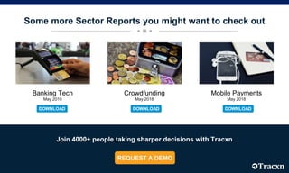 Some more Sector Reports you might want to check out
Join 4000+ people taking sharper decisions with Tracxn
Banking Tech
May 2018
Crowdfunding
May 2018
Mobile Payments
May 2018
 