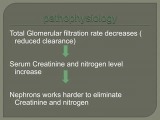 Total Glomerular filtration rate decreases (
reduced clearance)
Serum Creatinine and nitrogen level
increase
Nephrons works harder to eliminate
Creatinine and nitrogen
 