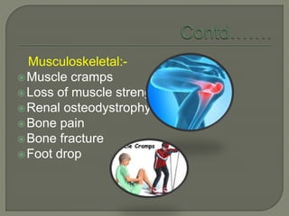 Musculoskeletal:-
Muscle cramps
Loss of muscle strength
Renal osteodystrophy
Bone pain
Bone fracture
Foot drop
 
