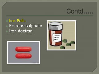  Iron Salts
 Ferrous sulphate
 Iron dextran
 