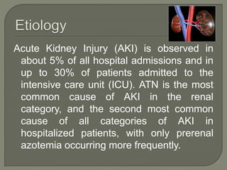 Acute Kidney Injury (AKI) is observed in
about 5% of all hospital admissions and in
up to 30% of patients admitted to the
intensive care unit (ICU). ATN is the most
common cause of AKI in the renal
category, and the second most common
cause of all categories of AKI in
hospitalized patients, with only prerenal
azotemia occurring more frequently.
 
