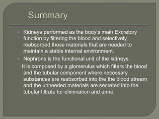 • Kidneys performed as the body’s main Excretory
function by filtering the blood and selectively
reabsorbed those materials that are needed to
maintain a stable internal environment.
• Nephrons is the functional unit of the kidneys.
It is composed by a glomerulus which filters the blood
and the tubular component where necessary
substances are reabsorbed into the the blood stream
and the unneeded materials are secreted into the
tubular filtrate for elimination and urine.
 