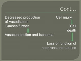 Decreased production Cell injury
of Vasodilators
Causes further Cell
death
Vasoconstriction and Ischemia
Loss of function of
nephrons and tubules
 