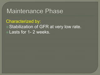 Characterized by:
Stabilization of GFR at very low rate.
Lasts for 1- 2 weeks.
 