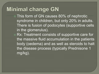  This form of GN causes 80% of nephrotic
syndrome in children, but only 20% in adults.
There is fusion of podocytes (supportive cells
in the glomerulus).
 Rx: Treatment consists of supportive care for
the massive fluid accumulation in the patients
body (oedema) and as well as steroids to halt
the disease process (typically Prednisone 1
mg/kg).
 