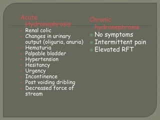 Acute
Hydronephrosis
 Renal colic
 Changes in urinary
output (oliguria, anuria)
 Hematuria
 Palpable bladder
 Hypertension
 Hesitancy
 Urgency
 Incontinence
 Post voiding dribling
 Decreased force of
stream
Chronic
hydronephrosis
 No symptoms
 Intermittent pain
 Elevated RFT
 
