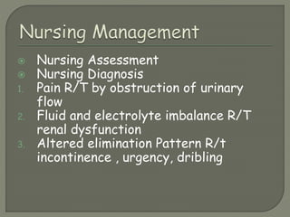  Nursing Assessment
 Nursing Diagnosis
1. Pain R/T by obstruction of urinary
flow
2. Fluid and electrolyte imbalance R/T
renal dysfunction
3. Altered elimination Pattern R/t
incontinence , urgency, dribling
 