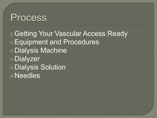 Getting Your Vascular Access Ready
Equipment and Procedures
Dialysis Machine
Dialyzer
Dialysis Solution
Needles
 