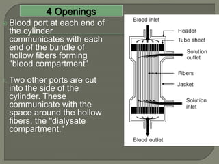  Blood port at each end of
the cylinder
communicates with each
end of the bundle of
hollow fibers forming
"blood compartment"
1. Two other ports are cut
into the side of the
cylinder. These
communicate with the
space around the hollow
fibers, the "dialysate
compartment."
4 Openings
 