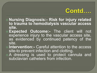  Nursing Diagnosis:- Risk for injury related
to trauma to hemodialysis vascular access
site.
 Expected Outcome:- The client will not
experience injury to the vascular access site,
as evidenced by continued patency of the
site.
 Intervention:- Careful attention to the access
site-to prevent infection and clotting.
 A dressing is used to protect cannula and
subclavian catheters from infection.
 
