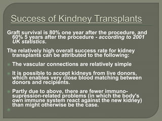 Graft survival is 80% one year after the procedure, and
60% 5 years after the procedure - according to 2001
UK statistics.
The relatively high overall success rate for kidney
transplants can be attributed to the following:
 The vascular connections are relatively simple
 It is possible to accept kidneys from live donors,
which enables very close blood matching between
donors and recipients.
 Partly due to above, there are fewer immuno-
supression-related problems (in which the body's
own immune system react against the new kidney)
than might otherwise be the case.

 