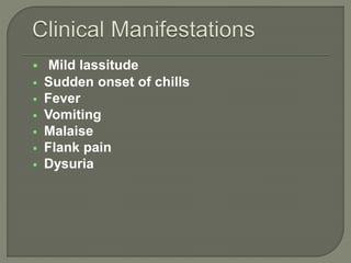  Mild lassitude
 Sudden onset of chills
 Fever
 Vomiting
 Malaise
 Flank pain
 Dysuria
 