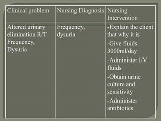 Clinical problem Nursing Diagnosis Nursing
Intervention
Altered urinary
elimination R/T
Frequency,
Dysuria
Frequency,
dysuria
-Explain the client
that why it is
-Give fluids
3000ml/day
-Administer I/V
fluids
-Obtain urine
culture and
sensitivity
-Administer
antibiotics
 