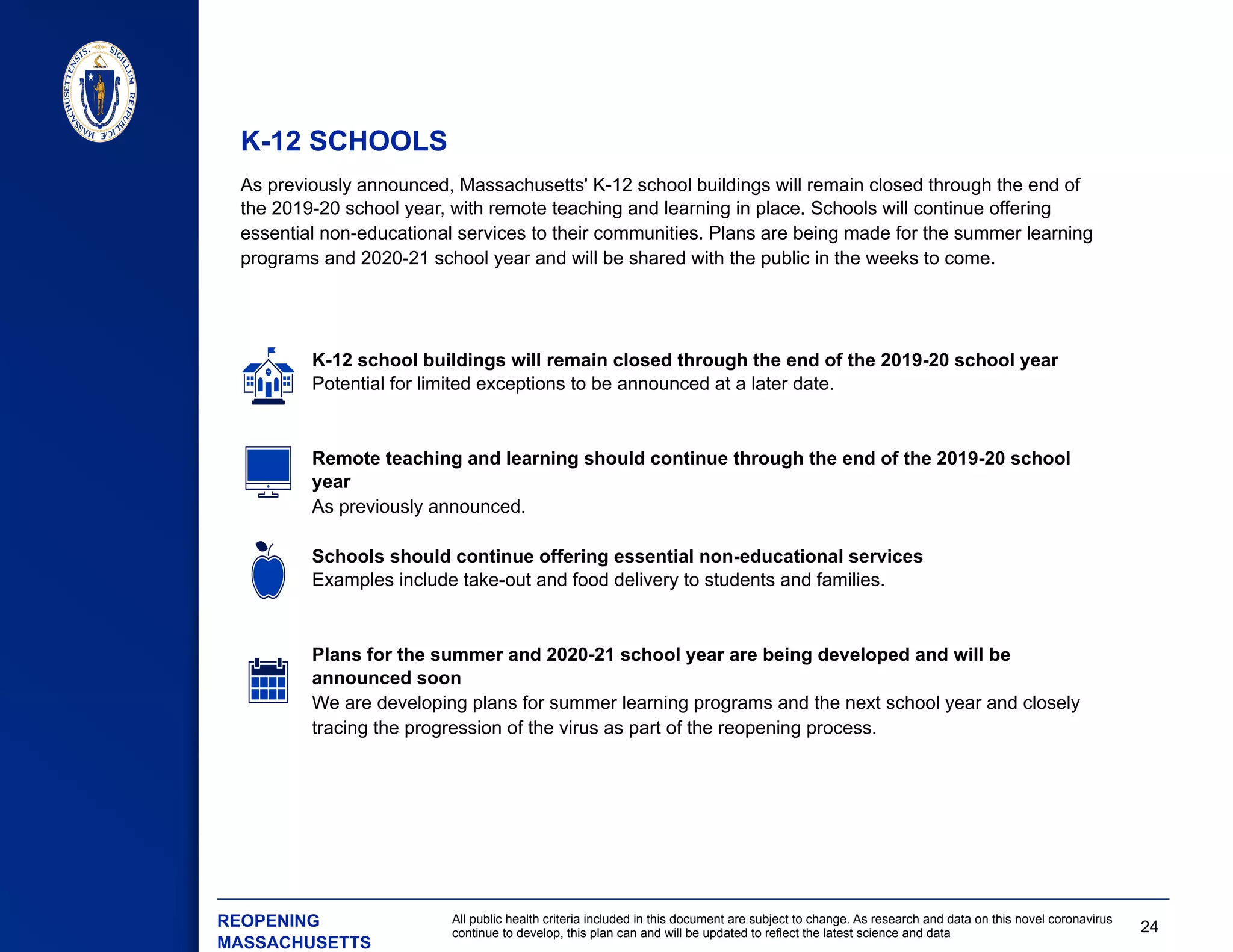 24
All public health criteria included in this document are subject to change. As research and data on this novel coronavirus
continue to develop, this plan can and will be updated to reflect the latest science and data
​ As previously announced, Massachusetts' K-12 school buildings will remain closed through the end of
the 2019-20 school year, with remote teaching and learning in place. Schools will continue offering
essential non-educational services to their communities. Plans are being made for the summer learning
programs and 2020-21 school year and will be shared with the public in the weeks to come.
​ K-12 school buildings will remain closed through the end of the 2019-20 school year
​ Potential for limited exceptions to be announced at a later date.
​ Remote teaching and learning should continue through the end of the 2019-20 school
year
​ As previously announced.
​ Schools should continue offering essential non-educational services
​ Examples include take-out and food delivery to students and families.
​ Plans for the summer and 2020-21 school year are being developed and will be
announced soon
​ We are developing plans for summer learning programs and the next school year and closely
tracing the progression of the virus as part of the reopening process.
K-12 SCHOOLS
​ REOPENING
MASSACHUSETTS
 