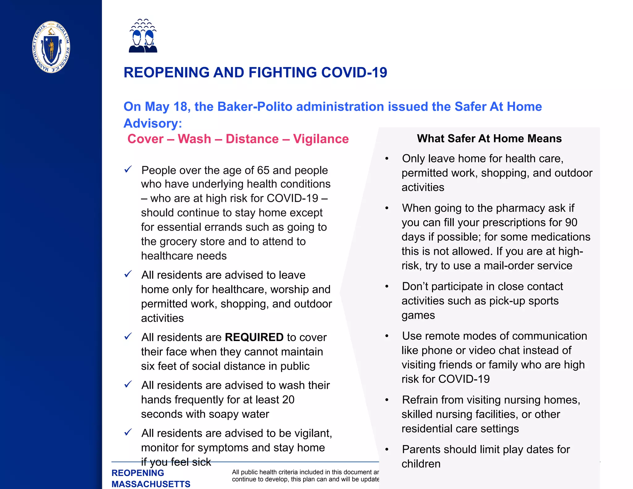 9
All public health criteria included in this document are subject to change. As research and data on this novel coronavirus
continue to develop, this plan can and will be updated to reflect the latest science and data
On May 18, the Baker-Polito administration issued the Safer At Home
Advisory:
REOPENING AND FIGHTING COVID-19
 Cover – Wash – Distance – Vigilance
ü  People over the age of 65 and people
who have underlying health conditions
– who are at high risk for COVID-19 –
should continue to stay home except
for essential errands such as going to
the grocery store and to attend to
healthcare needs
ü  All residents are advised to leave
home only for healthcare, worship and
permitted work, shopping, and outdoor
activities
ü  All residents are REQUIRED to cover
their face when they cannot maintain
six feet of social distance in public
ü  All residents are advised to wash their
hands frequently for at least 20
seconds with soapy water
ü  All residents are advised to be vigilant,
monitor for symptoms and stay home
if you feel sick
What Safer At Home Means
•  Only leave home for health care,
permitted work, shopping, and outdoor
activities
•  When going to the pharmacy ask if
you can fill your prescriptions for 90
days if possible; for some medications
this is not allowed. If you are at high-
risk, try to use a mail-order service
•  Don’t participate in close contact
activities such as pick-up sports
games
•  Use remote modes of communication
like phone or video chat instead of
visiting friends or family who are high
risk for COVID-19
•  Refrain from visiting nursing homes,
skilled nursing facilities, or other
residential care settings
•  Parents should limit play dates for
children
​ REOPENING
MASSACHUSETTS
 