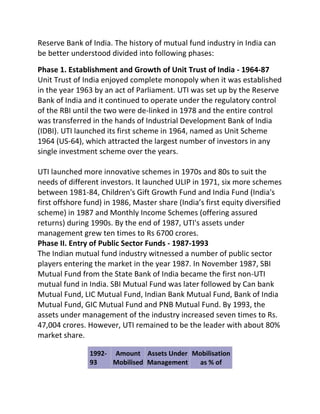 Many investors find it difficult to select one option from the plethora of funds/schemes/plans available. For this, they may have to take advice from financial planners in order to invest in the right fund to achieve their objectives.Mutual Fund Investment Strategies<br />Systematic Investment Plan (SIPs):<br />                       <br />These are best suited for young people who have started their careers and need to build their wealth. SIPs entail an investor to invest a fixed sum of money at regular intervals in mutual fund scheme the investor has chosen. For instance an investor opting for SIP in xyz mutual fund scheme will need to invest a certain sum of money every month / quarter /half year in the scheme.<br />Systematic Withdrawal Plan (SWPs):<br /> These plans are best suited for people nearing retirement. In these plans an investor invests in a mutual fund scheme and is allowed to withdraw a fixed sum of money at regular intervals to take care of expenses.<br />Systematic Transfer Plan (STPs) :<br /> They allow the investors to transfer on a periodic basis a specified amount from one scheme to another within the same fund family meaning two schemes belonging to the same mutual fund. A transfer will be treated as redemption of units from the scheme from which the transfer is made .Such redemption or investment will be at the applicable NAV. This service allows the investor to manage his investment actively to achieve his objectives. Many funds do not even charge even any transaction feed for this service an added advantage for the active investor.<br />Performance Evaluation<br />PARAMETERS OF MUTUAL FUND EVALUATION:<br />Risk<br />Returns<br />Liquidity<br />Expense Ratio<br />Composition of Portfolio<br />Risks Associated With Mutual Funds<br />Investing in mutual funds as with any security, does not come without risk. One of the most basic economic principles is that risk and reward are directly correlated. In other words, the greater the potential risk, the greater the potential return. The types of risk commonly associated with mutual funds are:<br />Market Risk:<br /> <br /> Market risk relate to the market value of a security in the future. Market prices fluctuate and are susceptible to economic and financial trends, supply and demand, and many other factors that cannot be precisely predicted or controlled.<br />Political Risk:<br />Changes in the tax laws, trade regulations, administered prices etc. is some of the many political factors that create market risk. Although collectively, as citizens, we have indirect control through the power of our vote, individually as investors, we have virtually no control.<br />Inflation Risk:<br /> Inflation or purchasing power risk, relates to the uncertainty of the future purchasing power of the invested rupees. The risk is the increase in cost of the goods and services, as measured by the Consumer Price Index. <br />Interest Rate Risk:<br />Interest Rate risk relates to the future changes in interest rates. For instance, if an investor invests in a long term debt mutual fund scheme and interest rate increase, the NAV of the scheme will fall because the scheme will be end up holding debt offering lowest interest rates. <br />Business Risk:<br />Business Risk is the uncertainty concerning the future existence, stability and profitability of the issuer of the security. Business Risk is inherent in all business ventures. The future financial stability of a company can not be predicted or guaranteed, nor can the price of its securities. Adverse changes in business circumstances will reduce the market price of the company’s equity resulting in proportionate fall in the NAV of mutual fund scheme, which has invested in the equity of such a company.<br />Risk in money market fund:<br />Since money market mutual funds, invest in secured central government securities, high rated commercial paper and corporate debt, the risk of loosing interest and capital is minimum when compared to other investment. However, the risk is in the form of fluctuations in interest rate, as yield on money market funds with the change in NAV, which changes due to changes in the prices of money market instruments due to volatility in interest rate.<br />Risk in Bond funds:<br />Bond funds are also expected to interest rate risk. Further, the composition of bond portfolio exposes an investor to a risk, which is due to presence of junk bonds in the portfolio composition. The risk of capital erosion is less as compared to stock funds.<br />Risk in stock funds:<br />Stock funds are more risky when compared to the money market funds and bond funds. The risk in stock funds is in the nature of the price volatility of stocks in a port folio. Stock funds consisting of equity prone to high price fluctuation or dealing in speculation, will lead to excessive gains or losses by way of increased or decreased NAV.<br />Economic Risk :<br />Economic Risk involves uncertainty in the economy, which, in turn can have an adverse effect on a company’s business. For instance, if monsoons fall in a year, equity stocks of agriculture bases companies will fall and NAVs of mutual funds, which have invested in such stocks, will fall proportionately.<br />There are 3 different methods with the help of which we can measure the risk.<br />Measurement of risk<br />Beta Coefficient Measure Of Risk :<br />Beta relates a fund’s return with a market index. It basically measures the sensitivity of funds return to changes in market index.<br />If Beta = 1<br />Fund moves with the market i.e. Passive fund<br />If Beta < 1<br />Fund is less volatile than the market i. e Defensive Fund<br />If Beta > 1<br />Funds will give higher returns when market rises & higher losses when market falls i.e. Aggressive Fund<br />Ex –Marks or R-squared Measure Of Risk :<br /> Ex –Marks represents co relation with markets. Higher the Ex-marks lower the risk of the fund because a fund with higher Ex-marks is better diversified than a fund with lower Ex-marks.<br />Standard Deviation Measure Of Risk :<br />  It is a statistical concept, which measures volatility. It measures the fluctuations of fund’s returns around a mean level. Basically it gives you an idea of how volatile your earnings are. It is broader concept than BETA. It also helps in measuring total risk and not just the market risk of the portfolio.<br />How to Calculate the Value of a Mutual Fund:<br />The investors’ funds are deployed in a portfolio of securities by the fund manager. The value of these investments keeps changing as the market price of the securities change. Since investors are free to enter and exit the fund at any time, it is essential that the market value of their investments is used to determine the price at which such entry and exit will take place. The net assets represent the market value of assets, which belong to the investors, on a given date. <br />Net Asset Value or NAV of a mutual fund is the value of one unit of investment in the fund, in net asset terms. <br />NAV = Net Assets of the scheme / Number of Units Outstanding<br />Where Net Assets are calculated as:-<br />(Market value of investments + current assets and other assets + Accrued income – current liabilities and other liabilities – less accrued expenses) / No. of Units Outstanding as at the NAV date<br />NAV of all schemes must be calculated and published at least weekly for closed-end schemes and daily for open-end schemes.<br />The major factors affecting the NAV of a fund are:<br />Sale and purchase of securities<br />Sale and repurchase of units<br />Valuation of assets<br />Accrual of income and expenses<br />SEBI requires that the fund must ensure that repurchase price is not lower than 93% of NAV (95% in the case of a closed-fund). On the other side, a fund may sell new units at a price that is different from the NAV, but the sale price cannot be higher than 107 % of NAV.  Also the difference between the repurchase price and the sale price of the unit is not permitted to exceed 7% of the sale price. <br />Measuring Mutual Fund Performance:<br />We can measure mutual fund’s performance by different method: <br />Absolute Return Method:<br />Percentage change in NAV is an absolute measure of return, which finds the NAV appreciation between two points of time, as a percentage. <br />e .g: If NAV of one fund changes from Rs.20 to Rs.22 in 12 months then<br /> Absolute return = (22 – 20)/20   X 100 =10%      <br />                   <br />Simple Annual Return Method :<br />Converting a return value for a period other than one year, into a value for one year, is called as annualisation. In order to annualize a rate, we find out what the return would be for a year, if the return behaved for a year, in the same manner it did, for any other fractional period.<br />E .g: If NAV of one fund changes from Rs.20 to Rs.22 in 6 months then<br />Annual Return = (22 – 20) /20 X 12/6 X 100    =   20%<br />Total Return Method:<br />The total return method takes into account the dividends distributed by the mutual fund, and adds it to the NAV appreciation, to arrive at returns.<br />Total Return = <br />(Dividend distributed + Change in NAV)/ NAV at the start X 100 <br />e .g: If NAV of one fund changes from Rs.20 to Rs.22 in 6 months if in between dividend of Rs. 4 has been distributed then<br />Total Return = {4 + (22 – 20)}/20   X 100 = 30%       <br />Total Return when dividend is reinvested:<br />This method is also called the return on investment (ROI) method. In this method, the dividends are reinvested into the scheme as soon as they are received at the then prevailing NAV (ex-dividend NAV).<br />= ((Value of holdings at the end of the period/ value of the holdings at the beginning) – 1)*100<br />E.g. An investor buys 100 units of a fund at Rs. 10.5 on January 1, 2007. On June 30, 2007 he receives dividends at the rate of 10%. The ex-dividend NAV was Rs. 10.25. On December 31, 2007, the fund’s NAV was Rs. 12.25.<br />     Value of holdings at the beginning period= 10.5*100= 1050<br />      Number of units re-invested = 100/10.25 = 9.756<br />End period value of investment = 109.756*12.25 = 1344.51 Rs. <br />Return on Investment = ((1344.51/1050)-1)*100<br />                                            = 28.05%<br />Compounded Average Annual Return Method:<br />This method is basically used for calculating the return for more than 1 year.   In this method return is calculated with the following formula:<br />                       A = P X (1 + R / 100) N<br />Where P = Principal   invested<br />               A   = maturity value<br />               N = period of investment in years<br />               R   = Annualized compounded interest rate in %<br />R = {(Nth root of A / P) – 1} X 100<br />E. g:  If amount invested is Rs. 100 & in the end we get return of Rs. 200 & period of investment is 10 years then annualized compounded return is<br />   200 = 100 (1 + R / 100) 10 <br />Rate = 7.2 %<br />RETURNS:<br />Returns have to be studied along with the risk. A fund could have earned higher return than the benchmark. But such higher return may be accompanied by high risk. Therefore, we have to compare funds with the benchmarks, on a risk adjusted basis. William Sharpe created a metric for fund performance, which enables the ranking of funds on a risk adjusted basis. <br />Sharpe Ratio               =                              Risk Premium<br />                                                                    Funds Standard Deviation <br />Treynor Ratio               =                              Risk Premium<br />                                                                         Funds Beta<br />Risk Premium  = Difference between the Fund’s Average return and Risk free return on government security or treasury bill over a given period .<br />LIQUIDITY:<br />Most of the funds being sold today are open-ended. That is, investors can sell their existing units, or buy new units, at any point of time, at prices that are related to the NAV of the fund on the date of the transaction. Since investors continuously enter and exit funds, funds are actually able to provide liquidity to investors, even if the underlying markets, in which the portfolio is invested, may not have the liquidity that the investor seeks.<br />EXPENSE RATIO:<br />Expense ratio is defined as the ratio of total expenses of the fund to the average net assets of the fund. Expense ratio can actually understate the total expenses, because brokerage paid on transactions of a fund are not included in the expenses. According to the current SEBI norms, brokerage commissions are capitalized and included in the cost of the transactions.<br />           Expense ratio          =           Total Expenses<br />                                                       Average Net Assets<br />COMPOSITION OF THE PORTFOLIO:<br />Credit quality of the portfolio is measured by looking at the credit ratings of the investments in the portfolio. Mutual Fund fact sheets show the composition of the portfolio and the investments in various asset classes over time. <br />Portfolio turnover rate is the ratio of lesser of asset purchased or sold by funds in the market to the net assets of the fund.<br />If Portfolio ratio is 100% means portfolio has been changed fully. When Portfolio ratio is high means expense ratio is high.<br />                Portfolio Ratio    =     Total Sales & Purchase <br />                                                        Net Assets of fund<br />In order to meaningfully compare funds some level of similarity in the following factors has to be ensured:<br />Size of the funds<br />Investment objective<br />Risk profile<br />Portfolio composition<br />Expense ratios<br />Fund evaluation against benchmark:<br />Funds can be evaluated against some performance indicators which are known as benchmarks. <br />There are 3 types of benchmarks:<br />Relative to market as whole<br />Relative to other comparable financial products<br />Relative to other mutual funds<br />Relative to market as whole:<br /> There are different ways to measure the performance of fund w.r.t market as<br />Equity Funds<br />Index Fund – An Index fund invests in the stock comprising of the index in the same ratio. This is a passive management style.<br />For example,<br />Market Index Fund-BSE Sensex<br />Nifty Index Fund-NIFTY<br />The difference between the return of this fund and its index benchmark can be explained by “TRACKING ERROR”.<br />Active Equity Funds:  <br />The fund manager actively manages this fund.  To evaluate performance in such case we have to select an appropriate benchmark.<br />Large diversified equity fund-BSE 100<br />Sector fund-Sectoral Indices<br />Debt Funds: <br /> Debt fund can also be judged against a debt market index e.g. I-BEX<br />Relative to other comparable financial products:<br />SchemesReturn ConvenienceSafety VolatilityLiquidityEquityHigh ModerateLowHighHigh                    FI BondsModerate HighHighModerateModerateCorporate DebenturesModerate LowModerateModerateLowCompany Fixed DepositsModerateModerateLowLowLowBank DepositsLow           HighHighLow HighPPFModerate HighHighLowModerateLife InsuranceLow ModerateHighLowLowGoldModerate LowHighModerateModerateReal EstateHigh LowModerateHighLowMutual FundsHigh HighHighModerateHigh<br />SchemesInvestment Objective RiskToleranceInvestment HorizonEquity TermCapital AppreciationHighLongFI BondsIncome LowMedium to Long termCorporate Debentures IncomeHigh Moderate Medium to Long termCompany Fixed DepositsIncome Moderate LowMedium Bank DepositsIncome GenerallyFlexible all termsPPFIncomeLow LongLife InsuranceRisk CoverLowLongGold Inflation HedgeLowLongReal EstateInflation HedgeLowLong<br />TAX TREATMENT FOR THE INVESTORS (UNITHOLDERS):-<br />Tax benefits of investing in the Mutual Fund<br />As per the taxation laws in force as at the date of the Offer Document, some broad income tax implications of investing in the units of the Scheme are stated below. The information so stated is based on the Mutual Fund's understanding of the tax laws in force as of the date of the Offer Document, which have been confirmed by its auditors. The information stated below is only for the purposes of providing general information to the investors and is neither designed nor intended tobe a substitute for professional tax advice. As the tax consequences are specific to each investor and in view of the changing tax laws, each investor is advised to consult his or her or its own tax consultant with respect to the specific tax implications arising out of his or her or its participation in the Scheme.<br />Implications of the Income-tax Act, 1961 as amended by the Finance Act, 2006<br />To the Unit holders<br />(a.) Tax on Income<br />In accordance with the provisions of section 10(35)(a) of the Act, income received by all categories of unit holders in respect of units of the Fund will be exempt from income-tax in their hands.<br />Exemption from income tax under section 10(35) of the Act would, however, not apply to any income arising from the transfer of these units.<br />(b.) Tax on capital gains:<br />As per the provisions of section 2(42A) of the Act, a unit of a Mutual Fund, held by the investor as a capital asset, is considered to be a short-term capital asset, if it is held for 12 months or less from the date of its acquisition by the unit holder. Accordingly, if the unit is held for a period of more than 12 months, it is treated as a long-term capital asset.<br />Computation of capital gain<br /> Capital gains on transfer of units will be computed after taking into account the cost of their acquisition. While calculating long-term capital gains, such cost will be indexed by using the cost inflation index notified by the Government of India.<br />                                                              Individuals and HUFs, are granted a deduction from total income, under section 80C of the Act upto Rs. 100,000, in respect of specified investments made during the year (please also refer paragraph d).<br />Long-term capital gains<br /> As per Section 10(38) of the Act, long-term capital gains arising from the sale of unit of an equity oriented fund entered into in a recognized stock exchange or sale of such unit of an equity oriented fund to the mutual fund would be exempt from income-tax, provided such transaction of sale is chargeable to securities transaction tax.<br />                                                               Pursuant to an amendment made in the Finance Act, 2006, effective 1 April 2006, companies would be required to include such long term capital gains in computing the book profits and minimum alternated tax liability under section 115JB of the Act.<br />Short -term capital gains<br /> As per Section 111A of the Act, short-term capital gains from the sale of unit of an equity oriented fund entered into in a recognized stock exchange or sale of such unit of an equity oriented fund to the mutual fund would be taxed at 10 per cent, provided such transaction of sale is chargeable to securities transaction tax.<br />The said tax rate would be increased by a surcharge of:<br />- 10 per cent in case of non-corporate Unit holders, where the total income exceeds Rs.1,000,000,<br />- 10 per cent in case of resident corporate Unit holders, and<br />- 2.5 per cent in case of non-resident corporate unit holders irrespective of the amount of taxable income.<br />                                                      Further, an additional surcharge of 2 per cent by way of education cess would be charged on amount of tax inclusive of surcharge.<br />                                                      In case of resident individual, if the income from short term capital gains is less than the maximum amount not chargeable to tax, then there will be no tax payable.<br />                                                      <br /> Further, in case of individuals/ HUFs, being residents, where the total income excluding short-term capital gains is below the maximum amount not chargeable to tax1, then the difference between the current maximum amount not chargeable to tax and total income excluding short-term capital gains, shall be adjusted from short-term capital gains. Therefore only the balance short term capital gains will be liable to income tax at the rate of 10 percent plus surcharge, if applicable and education cess.<br />Non-residents<br />In case of non-resident unit holder who is a resident of a country with which India has signed a Double Taxation Avoidance Agreement (which is in force) income tax is payable at the rates provided in the Act, as discussed above, or the rates provided in the such agreement, if any, whichever is more beneficial to such non-resident unit holder.<br />Investment by Minors<br />Where sale / repurchase is made during the minority of the child, tax will be levied on either of the parents, whose income is greater, where the said income is not covered by the exception in the proviso to section 64(1A) of the Act. When the child attains majority, such tax liability will be on the child.<br />Losses arising from sale of units<br />- As per the provisions of section 94(7) of the Act, loss arising on transfer of units, which are acquired within a period of three months prior to the record date (date fixed by the Fund for the purposes of entitlement of the unit holder to receive the income from units) and sold within a period of nine months after the record date, shall not be allowed to the extent of income distributed by the Fund in respect of such units.<br />- As per the provisions of section 94(8) of the Act, where any units (\"
original units\"
) are acquired within a period of three months prior to the record date (date fixed by the Fund for the purposes of entitlement of the unit holder to receive bonus units) and any bonus units are allotted (free of cost) based on the holding of the original units, the loss, if any, on sale of the original units within a period of nine months after the record date, shall be ignored in the computation of the unit holder's taxable income. Such loss will however, be deemed to be the cost of acquisition of the bonus units.<br />--Each Unit holder is advised to consult his / her or its own professional tax advisor before claiming set off of long-term capital loss arising on sale / repurchase of units of an equity oriented fund referred to above, against long-term capital gains arising on sale of other assets.<br />- Short-term capital loss suffered on sale / repurchase of units shall be available for set off against both long-term and short-term capital gains arising on sale of other assets and balance short-term capital loss shall be carried forward for set off against capital gains in subsequent years.<br />- Carry forward of losses is admissible maximum upto eight assessment years.<br />(c.) Tax withholding on capital gains<br />                             Capital gains arising to a unit holder on repurchase of units by the Fund should attract tax withholding as under:<br />- No tax needs to be withheld from capital gains arising to a FII on the basis of the provisions of section 196D of the Act.<br />- In case of non-resident unit holder who is a resident of a country with which India has signed a double taxation avoidance agreement (which is in force) the tax should be deducted at source under section 195 of the Act at the rate provided in the Finance Act of the relevant year or the rate provided in the said agreement, whichever is beneficial to such non-resident unit holder. However, such a nonresident unit holder will be required to provide appropriate documents to the Fund, to be entitled to the beneficial rate provided under such agreement.<br />- No tax needs to be withheld from capital gains arising to a resident unit holder on the basis of the Circular no. 715 dated 8 August 1995 issued by the CBDT.<br />Subject to the above, the provisions relating to tax withholding in respect of gains arising from the sale of units of the various schemes of the fund are as under:<br />- No tax is required is to be withheld from long term capital gains arising from sale of units in equity oriented fund schemes, that are subject to securities transaction tax.<br />- In respect of short-term capital gains arising to foreign companies (including Overseas Corporate Bodies), the Fund is required to deduct tax at source at the rate of 10.46 per cent (10 per cent tax plus 2.5 per cent surcharge thereon plus additional surcharge of 2 per cent by way of education cess on the tax plus surcharge). In respect of short-term capital gains arising to non-resident individual unit holders, the Fund is required to deduct tax at source at the rate of 11.22 per cent (10 per cent tax plus 10 per cent surcharge thereon2 plus additional surcharge of 2 per cent by way of education cess on the tax plus surcharge).<br />(d.) Wealth Tax<br />                        Units held under the Schemes of the Fund are not treated as assets within the meaning of section 2(ea) of the Wealth Tax Act, 1957 and therefore, not liable to wealth-tax.<br />(e.) Securities Transaction Tax<br />                        Nature of Transaction Current tax rate Tax rate effective (%) 1 June 2006 (%) Delivery based purchase transaction in equity shares or units of equity oriented fund entered in a recognized stock exchange 0.1 0.125 Delivery based sale transaction in equity shares or units of equity oriented fund entered in a recognized stock exchange 0.1 0.125 Non-delivery based sale transaction in equity shares or units of equity oriented fund entered in a recognized stock exchange. 0.02 0.025 Sale of units of an equity oriented fund to the mutual fund 0.2 0.25 Value of taxable securities transaction in case of units shall be the price at which such units are purchased or sold.<br />                                                       A deduction in respect of securities transaction tax paid is not permitted for the purpose of computation of business income or capital gains.<br />                                                       However, if the total income of an assessee includes any business income arising from taxable securities transactions, he shall be entitled to a rebate3 from income-tax of an amount equal to the securities transaction tax paid by him in respect of the taxable securities transactions entered during the course of his business.<br /> The maximum amounts of total income, not chargeable to tax are as under:<br />Type of person Maximum amount of income not chargeable to tax<br />WomenRs. 135,000Senior citizensRs. 185,000Other individuals and HUFsRs. 100,000<br />How is a mutual fund set up?<br />A mutual fund is set up in the form of a trust, which has sponsor, trustees, asset management company (AMC) and custodian. The trust is established by a sponsor or more than one sponsor who is like promoter of a company. The trustees of the mutual fund hold its property for the benefit of the unit holders. Asset Management Company (AMC) approved by SEBI manages the funds by making investments in various types of securities. Custodian, who is registered with SEBI, holds the securities of various schemes of the fund in its custody. The trustees are vested with the general power of superintendence and direction over AMC. They monitor the performance and compliance of SEBI Regulations by the mutual fund.<br />SEBI Regulations require that at least two thirds of the directors of trustee company or board of trustees must be independent i.e. they should not be associated with the sponsors. Also, 50% of the directors of AMC must be independent. All mutual funds are required to be registered with SEBI before they launch any scheme.<br />Association of Mutual Funds in India (AMFI)<br />With the increase in mutual fund players in India, a need for mutual fund association in India was generated to function as a non-profit organization. Association of Mutual Funds in India (AMFI) was incorporated on 22nd August, 1995.AMFI is an apex body of all Asset Management Companies (AMC) which has been registered with SEBI. Till date all the AMCs are that have launched mutual fund schemes are its members. It functions under the supervision and guidelines of its Board of Directors.<br />Association of Mutual Funds India has brought down the Indian Mutual Fund Industry to a professional and healthy market with ethical lines enhancing and maintaining standards. It follows the principle of both protecting and promoting the interests of mutual funds as well as their unit holders. <br />The objectives of Association of Mutual Funds in India:---<br />The Association of Mutual Funds of India works with 30 registered AMCs of the country. It has certain defined objectives which juxtaposes the guidelines of its Board of Directors. The objectives are as follows:- <br />This mutual fund association of India maintains a high professional and ethical standards in all areas of operation of the industry.