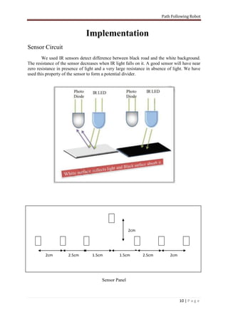 Path Following Robot



                               Implementation
Sensor Circuit
        We used IR sensors detect difference between black road and the white background.
The resistance of the sensor decreases when IR light falls on it. A good sensor will have near
zero resistance in presence of light and a very large resistance in absence of light. We have
used this property of the sensor to form a potential divider.




                                                       2cm




         2cm          2.5cm        1.5cm          1.5cm       2.5cm          2cm




                                        Sensor Panel



                                                                                   10 | P a g e
 