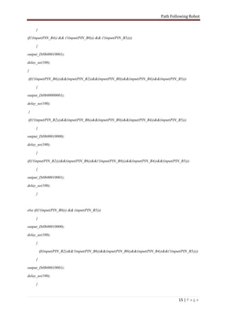 Path Following Robot


     }

if(!(input(PIN_B4)) && (!(input(PIN_B0))) && (!(input(PIN_B5))))

     {

output_D(0b00010001);

delay_us(100);

}

if((!(input(PIN_B6)))&&(input(PIN_B2))&&(input(PIN_B0))&&(input(PIN_B4))&&(input(PIN_B5)))

     {

output_D(0b00000001);

delay_us(100);

}

if((!(input(PIN_B2)))&&(input(PIN_B6))&&(input(PIN_B0))&&(input(PIN_B4))&&(input(PIN_B5)))

     {

output_D(0b00010000);

delay_us(100);

     }

if((!(input(PIN_B2)))&&(input(PIN_B6))&&(!(input(PIN_B0)))&&(input(PIN_B4))&&(input(PIN_B5)))

     {

output_D(0b00010001);

delay_us(100);

     }



else if((!(input(PIN_B0))) && (input(PIN_B5)))

     {

output_D(0b00010000);

delay_us(100);

     }

         if((input(PIN_B2))&&!(input(PIN_B6))&&(input(PIN_B0))&&(input(PIN_B4))&&(!(input(PIN_B5))))

     {

output_D(0b00010001);

delay_us(100);

     }



                                                                                        15 | P a g e
 