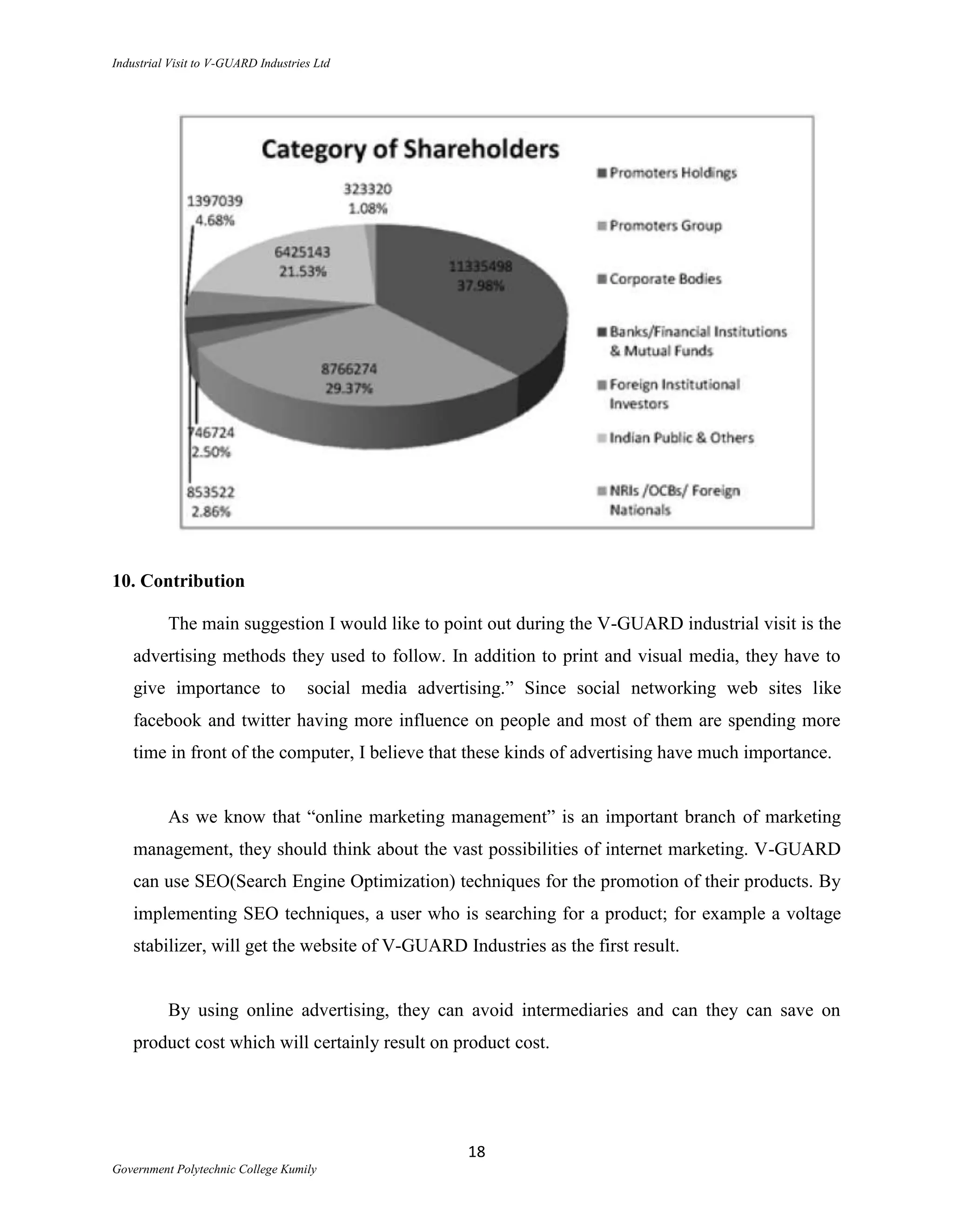 Industrial Visit to V-GUARD Industries Ltd




10. Contribution

          The main suggestion I would like to point out during the V-GUARD industrial visit is the
    advertising methods they used to follow. In addition to print and visual media, they have to
    give importance to               social media advertising.” Since social networking web sites like
    facebook and twitter having more influence on people and most of them are spending more
    time in front of the computer, I believe that these kinds of advertising have much importance.


          As we know that “online marketing management” is an important branch of marketing
    management, they should think about the vast possibilities of internet marketing. V-GUARD
    can use SEO(Search Engine Optimization) techniques for the promotion of their products. By
    implementing SEO techniques, a user who is searching for a product; for example a voltage
    stabilizer, will get the website of V-GUARD Industries as the first result.


          By using online advertising, they can avoid intermediaries and can they can save on
    product cost which will certainly result on product cost.




                                                        18
Government Polytechnic College Kumily
 