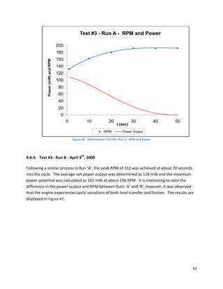 Test #3 - Run A - RPM and Power

                                 200
                                 180
                                 160
            Power (mW) and RPM



                                 140
                                 120
                                 100
                                 80
                                 60
                                 40
                                 20
                                   0
                                       0             10              20              30                40   50
                                                                          t (sec)
                                                                 RPM           Power Output
                                                                                                                  
                                           Figure 46 ‐ Optimization Test #3 ‐ Run A ‐ RPM and Power 

 

9.4.4. Test #3 ‐ Run B ‐ April 4th, 2009 

Following a similar process in Run ‘A’, the peak RPM of 312 was achieved at about 70 seconds 
into the cycle.  The average net power output was determined as 118 mW and the maximum 
power potential was calculated as 162 mW at about 256 RPM.  It is interesting to note the 
difference in the power output and RPM between Runs ‘A’ and ‘B’, however, it was observed 
that the engine experiences cyclic variations of both heat transfer and friction.  The results are 
displayed in Figure 47. 

 




                                                                                                                     43 
 
 