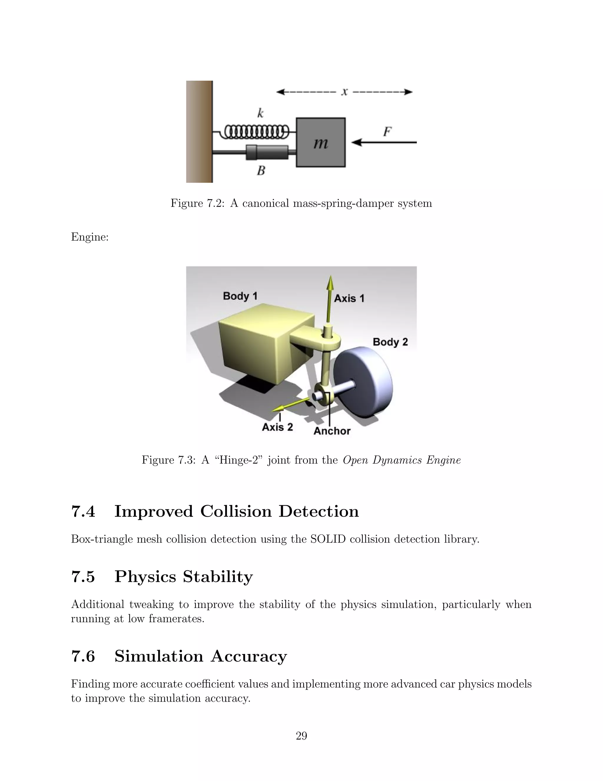 Figure 7.2: A canonical mass-spring-damper system

Engine:




              Figure 7.3: A “Hinge-2” joint from the Open Dynamics Engine



7.4       Improved Collision Detection
Box-triangle mesh collision detection using the SOLID collision detection library.


7.5       Physics Stability
Additional tweaking to improve the stability of the physics simulation, particularly when
running at low framerates.


7.6       Simulation Accuracy
Finding more accurate coeﬃcient values and implementing more advanced car physics models
to improve the simulation accuracy.


                                             29
 