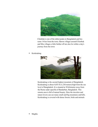 Chimbuk is one of the tallest peaks in Bangladesh and lies
          some 14 km from the town. Bawm villages around Chimbuk
          and Mru villages a little further off are also lie within a day's
          journey from the town


   Keokradong




             Keokradong is the second highest mountain of Bangladesh.
             Keokradong is about 4,035 ft (1,230 meters) high from the sea
             level of Bangladesh. It is situated at 30 kilometer away from
             the Ruma sadar upazilla of Bandarban, Bangladesh. This
             remote area is full of natural beauty. Here the travelers and
             nature lovers can see many small and big mountains and hills.
             Keokradong is covered with dense forests, birds and animals




   Meghla
 