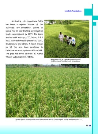 Livolink Foundation




       Monitoring visits to partners' fields
has been a regular feature of the
activities. The Secretariat played an
active role in coordinating an Evaluation
Study commissioned by SDTT. The team
was led by Mr Ved Arya, CEO, Srijan, Dr P K
Roul, Associate Director (Research), OUAT,
Bhubaneswar and others. A Model Village
on SRI has also been developed in
collaboration with a partner NGO - CARR.
The plot has been selected at Kuanla
Village, Cuttack District, Odisha.
                                                               Monitoring visit by Livolink Foundation staff
                                                               to SRI areas at Tehri Garhwal, Uttarakhand




           System of Rice Intensification field in Balrampur District, Chhattisgarh, during Rabi season 2011-12



                                                                                                                  11
 