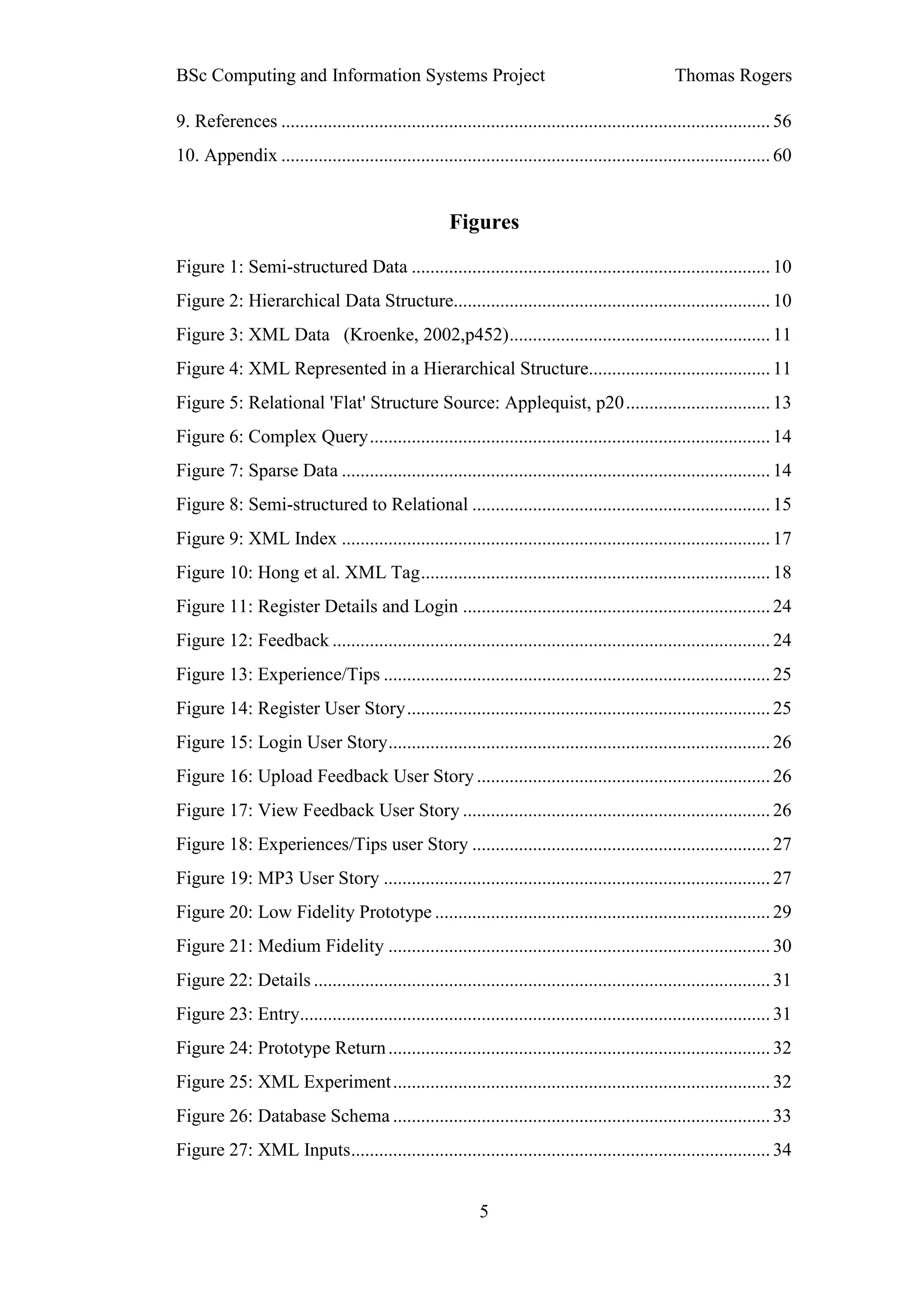 BSc Computing and Information Systems Project                                                     Thomas Rogers

9. References ......................................................................................................... 56
10. Appendix ......................................................................................................... 60


                                                      Figures

Figure 1: Semi-structured Data ............................................................................. 10
Figure 2: Hierarchical Data Structure.................................................................... 10
Figure 3: XML Data (Kroenke, 2002,p452) ........................................................ 11
Figure 4: XML Represented in a Hierarchical Structure....................................... 11
Figure 5: Relational 'Flat' Structure Source: Applequist, p20 ............................... 13
Figure 6: Complex Query ...................................................................................... 14
Figure 7: Sparse Data ............................................................................................ 14
Figure 8: Semi-structured to Relational ................................................................ 15
Figure 9: XML Index ............................................................................................ 17
Figure 10: Hong et al. XML Tag ........................................................................... 18
Figure 11: Register Details and Login .................................................................. 24
Figure 12: Feedback .............................................................................................. 24
Figure 13: Experience/Tips ................................................................................... 25
Figure 14: Register User Story .............................................................................. 25
Figure 15: Login User Story .................................................................................. 26
Figure 16: Upload Feedback User Story ............................................................... 26
Figure 17: View Feedback User Story .................................................................. 26
Figure 18: Experiences/Tips user Story ................................................................ 27
Figure 19: MP3 User Story ................................................................................... 27
Figure 20: Low Fidelity Prototype ........................................................................ 29
Figure 21: Medium Fidelity .................................................................................. 30
Figure 22: Details .................................................................................................. 31
Figure 23: Entry..................................................................................................... 31
Figure 24: Prototype Return .................................................................................. 32
Figure 25: XML Experiment ................................................................................. 32
Figure 26: Database Schema ................................................................................. 33
Figure 27: XML Inputs .......................................................................................... 34


                                                            5
 