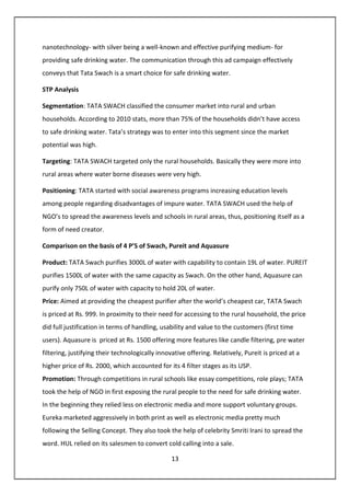 13
nanotechnology- with silver being a well-known and effective purifying medium- for
providing safe drinking water. The communication through this ad campaign effectively
conveys that Tata Swach is a smart choice for safe drinking water.
STP Analysis
Segmentation: TATA SWACH classified the consumer market into rural and urban
households. According to 2010 stats, more than 75% of the households didn’t have access
to safe drinking water. Tata’s strategy was to enter into this segment since the market
potential was high.
Targeting: TATA SWACH targeted only the rural households. Basically they were more into
rural areas where water borne diseases were very high.
Positioning: TATA started with social awareness programs increasing education levels
among people regarding disadvantages of impure water. TATA SWACH used the help of
NGO’s to spread the awareness levels and schools in rural areas, thus, positioning itself as a
form of need creator.
Comparison on the basis of 4 P’S of Swach, Pureit and Aquasure
Product: TATA Swach purifies 3000L of water with capability to contain 19L of water. PUREIT
purifies 1500L of water with the same capacity as Swach. On the other hand, Aquasure can
purify only 750L of water with capacity to hold 20L of water.
Price: Aimed at providing the cheapest purifier after the world’s cheapest car, TATA Swach
is priced at Rs. 999. In proximity to their need for accessing to the rural household, the price
did full justification in terms of handling, usability and value to the customers (first time
users). Aquasure is priced at Rs. 1500 offering more features like candle filtering, pre water
filtering, justifying their technologically innovative offering. Relatively, Pureit is priced at a
higher price of Rs. 2000, which accounted for its 4 filter stages as its USP.
Promotion: Through competitions in rural schools like essay competitions, role plays; TATA
took the help of NGO in first exposing the rural people to the need for safe drinking water.
In the beginning they relied less on electronic media and more support voluntary groups.
Eureka marketed aggressively in both print as well as electronic media pretty much
following the Selling Concept. They also took the help of celebrity Smriti Irani to spread the
word. HUL relied on its salesmen to convert cold calling into a sale.
 