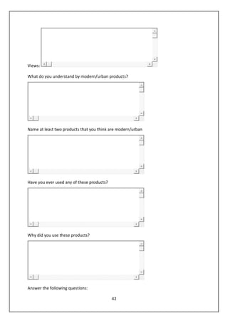 42
Views:
What do you understand by modern/urban products?
Name at least two products that you think are modern/urban
Have you ever used any of these products?
Why did you use these products?
Answer the following questions:
 