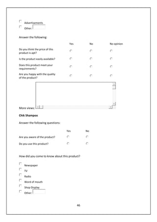 46
Advertisements
Other:
Answer the following:
Yes No No opinion
Do you think the price of this
product is apt?
Is the product easily available?
Does this product meet your
requirements?
Are you happy with the quality
of the product?
More views:
Chik Shampoo
Answer the following questions:
Yes No
Are you aware of the product?
Do you use this product?
How did you come to know about this product?
Newspaper
TV
Radio
Word of mouth
Shop Display
Other:
 
