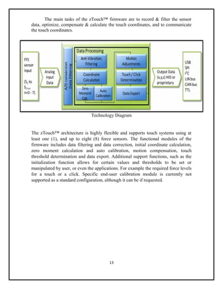 13
The main tasks of the zTouch™ firmware are to record & filter the sensor
data, optimize, compensate & calculate the touch coordinates, and to communicate
the touch coordinates.
Technology Diagram
The zTouch™ architecture is highly flexible and supports touch systems using at
least one (1), and up to eight (8) force sensors. The functional modules of the
firmware includes data filtering and data correction, initial coordinate calculation,
zero moment calculation and auto calibration, motion compensation, touch
threshold determination and data export. Additional support functions, such as the
initialization function allows for certain values and thresholds to be set or
manipulated by user, or even the applications. For example the required force levels
for a touch or a click. Specific end-user calibration module is currently not
supported as a standard configuration, although it can be if requested.
 